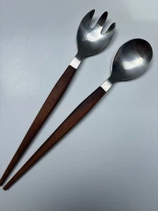 Danish Vintage Hepe Salad Servers Mid Century Denmark Stainless Steel Teak - Picture 1 of 6