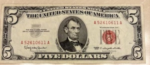 1963 $5 Dollar Bill Red Seal United States Note NICE AU - Picture 1 of 6