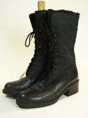 Aquatalia Black Leather Round Toed Lace-Up Block Heel Faux Fur Boots, Size 8.5 - Image 1 of 4