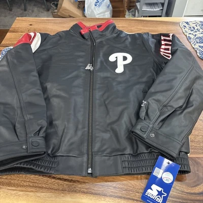 MENS MLB PHILADELPHIA PHILLIES FULL ZIP 100% LEATHER JACKET BLACK L NWT $650 - Image 1 of 4