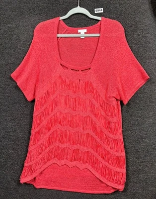 Chico's Open Knit  Sweater Womens Size 3 US XL Salmon Sheer Tiered Fringe Front - Image 1 of 4