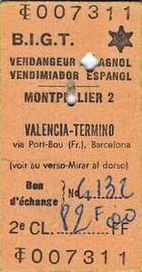 Railway tickets France Spain BIGT Montpellier Valencia second class single 1978 - Picture 1 of 1