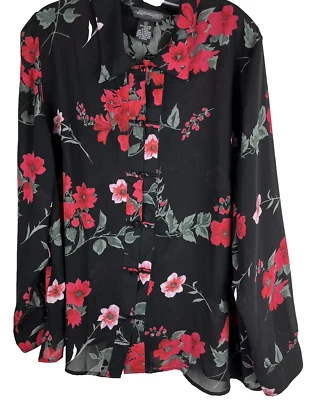VTG Jonathan Martin Women Blouse Top Button Front 1X Black Red Floral Sheer - Image 1 of 4