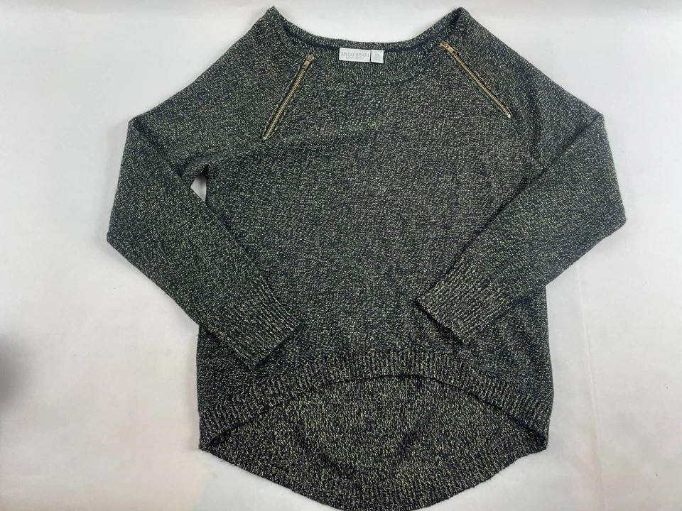 Suéter BISOU BISOU Para Mujer Talla XS Negro Dorado Metálico Tallas Frontales Cremallera Cuello Barco Foto 1 de 4