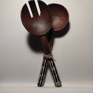 Vintage Bone and Olive wood Salad Spoon And Fork, Kenya - Picture 1 of 9
