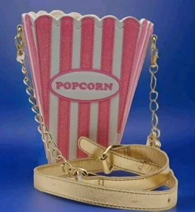 iScream Popcorn Box Crossbody Purse Pink Stripes Gold Strap Movie Night Festival - Picture 1 of 9