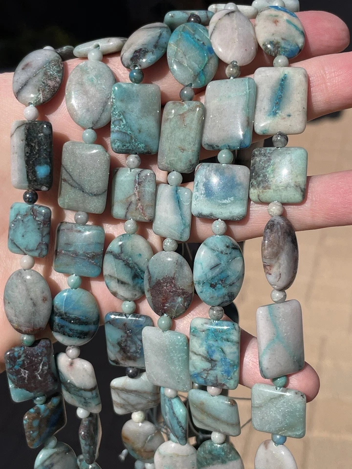 Genuino Azul Verde Azurita Formas Mezcladas, Ovalado, Cuadrado, Rectángulo, Cuerda de 16" Foto 1 de 3