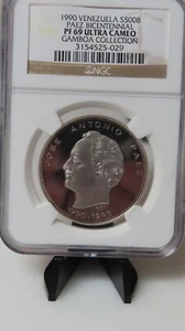 VENEZUELA 1990 - 500 BOLÍVARES 1oz SILVER JOSE ANTONIO PÁEZ - NGC PF69 - Picture 1 of 7