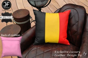 BELGIUM FLAG COLOUR LEATHER 1X EXCLUSIVE LUXURY CUSHION 18"x18" PIBK BACK - Picture 1 of 3