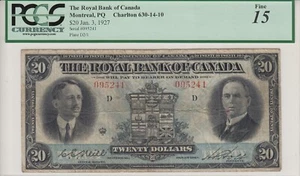 1927 Royal Bank of Canada $20 Chartered Bank Note - PCGS Fine 15 - 630-14-10 A3 - Picture 1 of 3