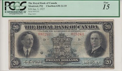 1927 Royal Bank of Canada $20 Chartered Bank Note - PCGS Fine 15 - 630-14-10  A3 - Image 1 of 3