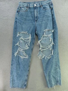American Eagle Jeans Womens 14 Blue Baggy Wide Leg Stretch Denim DESTROYED! - Picture 1 of 12