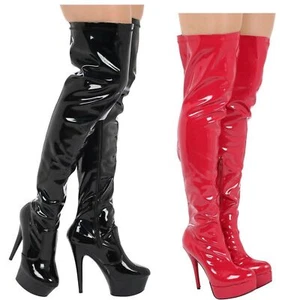 Damen Herren über dem Knie breite Bein Stretch Stiletto Absatz Fetisch Plateau Stiefel - Bild 1 von 11