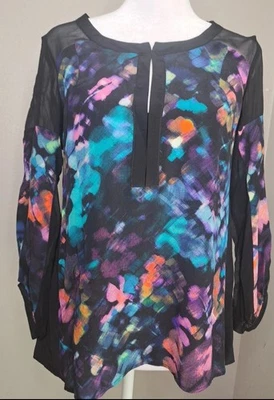 Top para mujer Nanette Lepore de seda transparente negro multicolor abstracto boho 2 (XS-S) Foto 1 de 4
