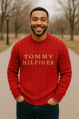 Tommy Hilfiger Sweater Mens 2XL Red Cable Knit Crewneck Spell Out Embroidered - Image 1 of 4