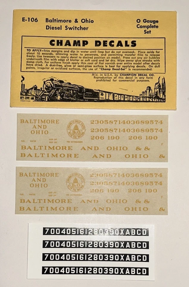 CHAMP O SCALE DECAL-BALTIMORE & OHIO/B&O DIESEL SWITCHER-DULUX GOLD LETT  #E-106 - Image 1 of 1