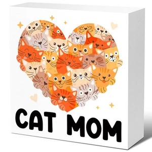 Cute Cat Mom Wood Block Sign,Cat Mom Wooden Sign for Home Bedroom Tabletop De... - Picture 1 of 7