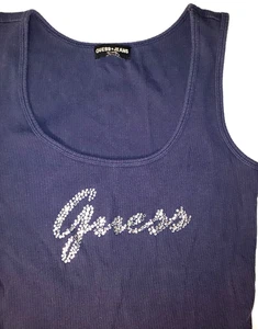 Vintage GUESS Rhinestone Bling tank top Womens M dark blue - Picture 1 of 3