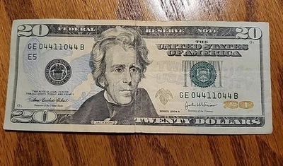 Trinary Doubles Numbers $20 DOLLAR NOTE BILL 04411044  2004 - Image 1 of 4