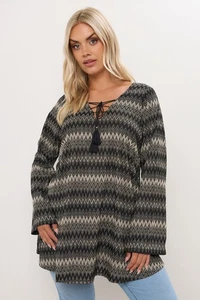 Yours Curve Women's Plus Size Metallic Zig Zag Tie Neck Tunic Top - Picture 1 of 13