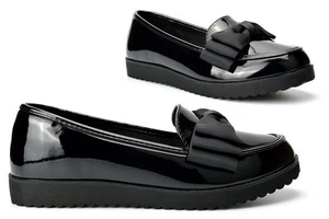 Girls School Shoes Girls School Loafers Womens Office Shoes Bow Patent Black - Picture 1 of 5