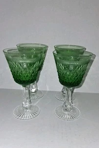 4 Emerald Green To Clear Cut Glass Stemmed Wine Glasses - Picture 1 of 9