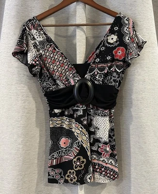 Top retro floral cintura imperio Y2K sin palabras vintage caprichoso núcleo lazo trasero M Foto 1 de 4