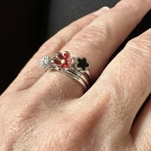Sterling Silver Red Flower CZ Stack Rings Sz 7 Set Of 3 - Picture 1 of 7
