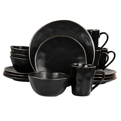  Modern 16 Piece Stoneware Dinnerware Set in with Gold 16 Piece Set Matte Black - Image 1 of 4