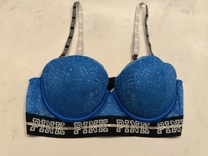 Victoria’s Secret PINK 36B Wear Everywhere Push Up Bra Blue Lace Print Logo - Picture 1 of 6