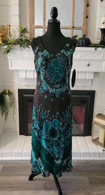 Vintage 90s Green and black forest fairy Burnout V Neck Sleeveless midi Dress 12 - Image 1 of 4