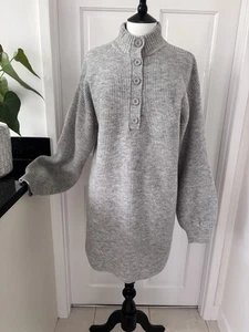 NOBODY'S CHILD .. Grey Funnel Neck Fluffy Button Mini Dress Sz M ..  rrp £75 - Picture 1 of 9