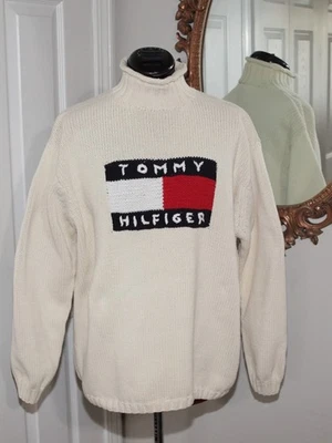 Suéter tejido frontal bandera marfil Tommy Hilfiger vintage años 90 y2k cuello alto para hombre L Foto 1 de 4