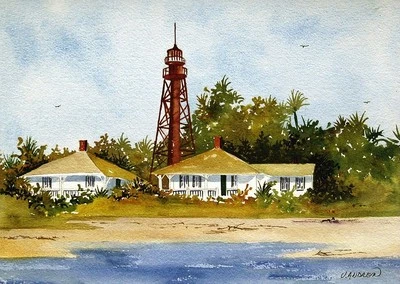 BELLA TERRA PUBLISHING Sanibel Island Lighthouse Landscape, Florida. Jean Andrew Watercolor Art Prints