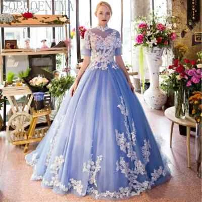 Blue Ball Wedding Dresses Applique High Neck Short Sleeves A-line Bridal Gowns - Image 1 of 4