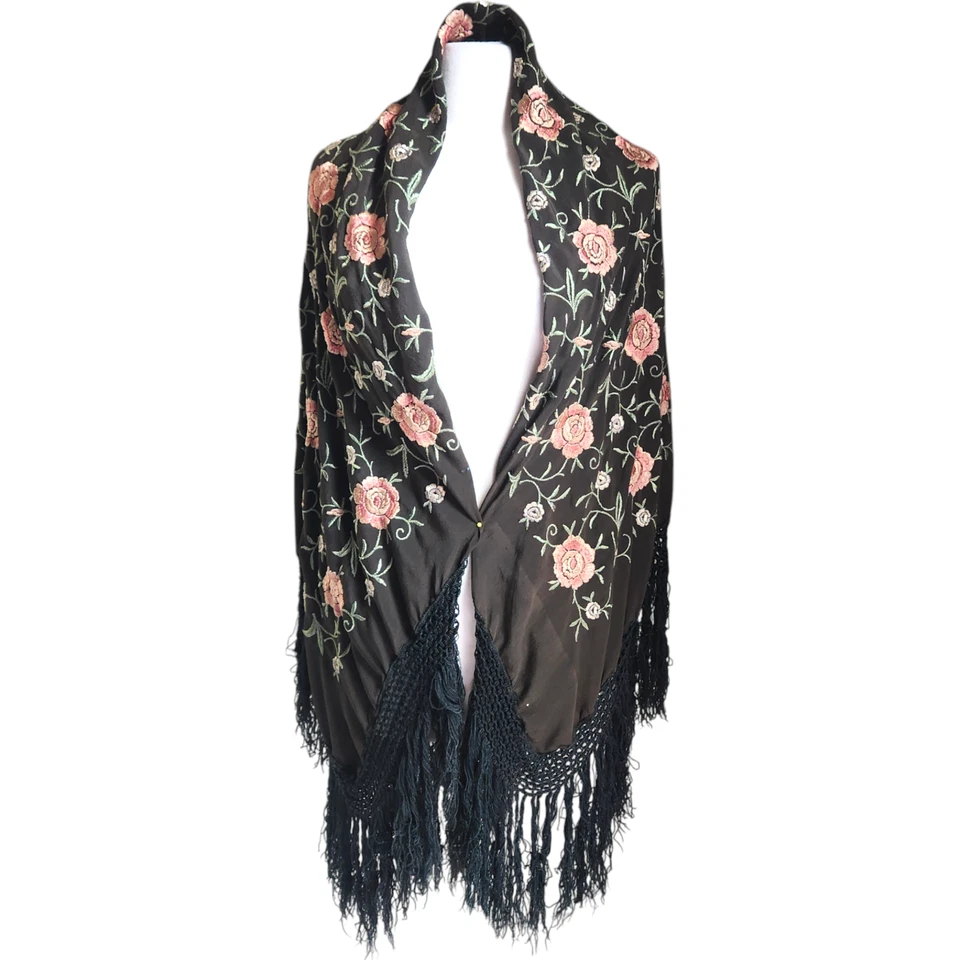 Antique Vintage Silk Embroidered Piano Shaw Floral Fringe Brown - Image 1 of 4