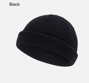 Black Short Fisherman Beanie Hat Winter Ribbed Docker Warm Knitted Skull Cap - Picture 1 of 1