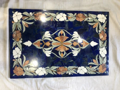 Beautiful Lapis Lazuli Stone Inlaid Table Top, With Beautiful Marble Flowered Cover