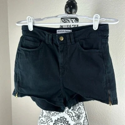 American Apparel Simple Black High Rise Mini Denim Jean Shorts Side Zip 26/27 - Image 1 of 4