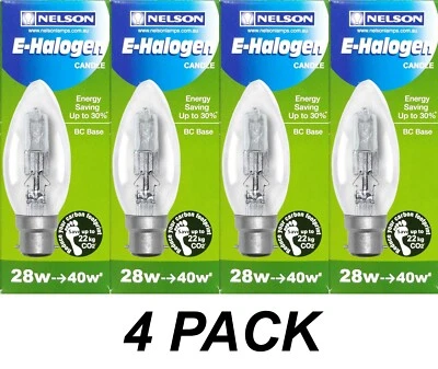 4 x 28W Clear B22 Candle Shaped Light Globes Bulbs Lamps Bayonet Cap Halogen - Image 1 of 4