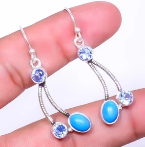 Sleeping Beauty Turquoise Quartz 925 Sterling Silver Earring 1.76" - Picture 1 of 2