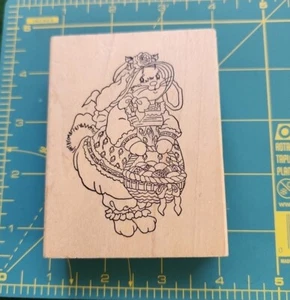 Stamps Happen: Vintage Bunny with hat easter basket. Rubber Stamp # 2 B7 - Bild 1 von 6