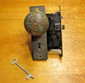 Antique Set EASTLAKE VICTORIAN AESTHETIC Backplates Door Knob Mortise Lock Key - Picture 1 of 6