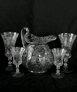 Exquisite vintage Cambridge Glass Doulton acid etched pitcher w. 4 goblets, 1940 - Picture 1 of 12