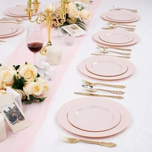 100PCS Pink Plastic Plates - Heavy Duty Pink PARTY DINNER Plates Disposable - Picture 1 of 4