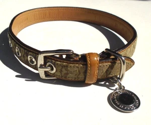 COACH TAN LEATHER BROWN JACQUARD SIGNATURE C DOG PET COLLAR SIZE MEDIUM 60364 - Picture 1 of 16