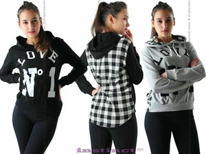 Felpa donna cappuccio scacchi maglia maniche lunghe tartan coda stampa IS5040 - Photo 1/6