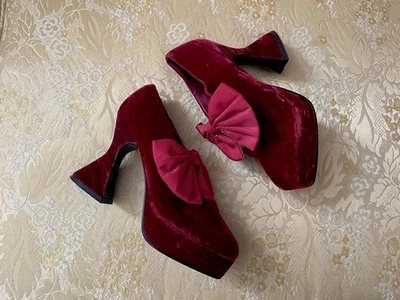Vintage ‘90s Louis Heel Court Shoes Red Wine Velvet Big Bow Fits @6.5 -7M - Image 1 of 4