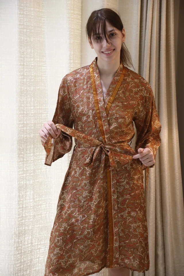 Bata kimono midi de seda pura hasta la rodilla vestido kimono de seda beige PS MKMO2125 Foto 1 de 4