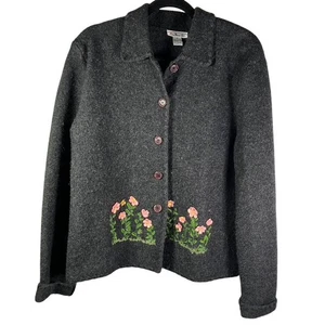 Talbots Upcycled Wool Jacket Gray Hand Embroidered Floral Cottagecore Medium - Picture 1 of 11